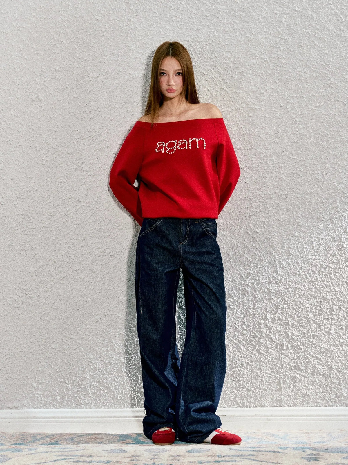 Red & Gray Pearl-studded Off-shoulder Sweatshirt