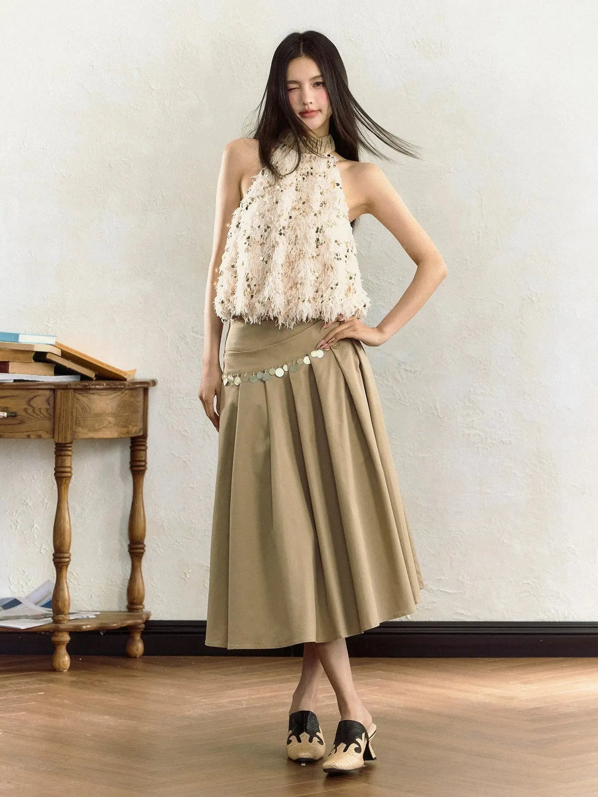 Apricot Fringed Sequined Neck Vest