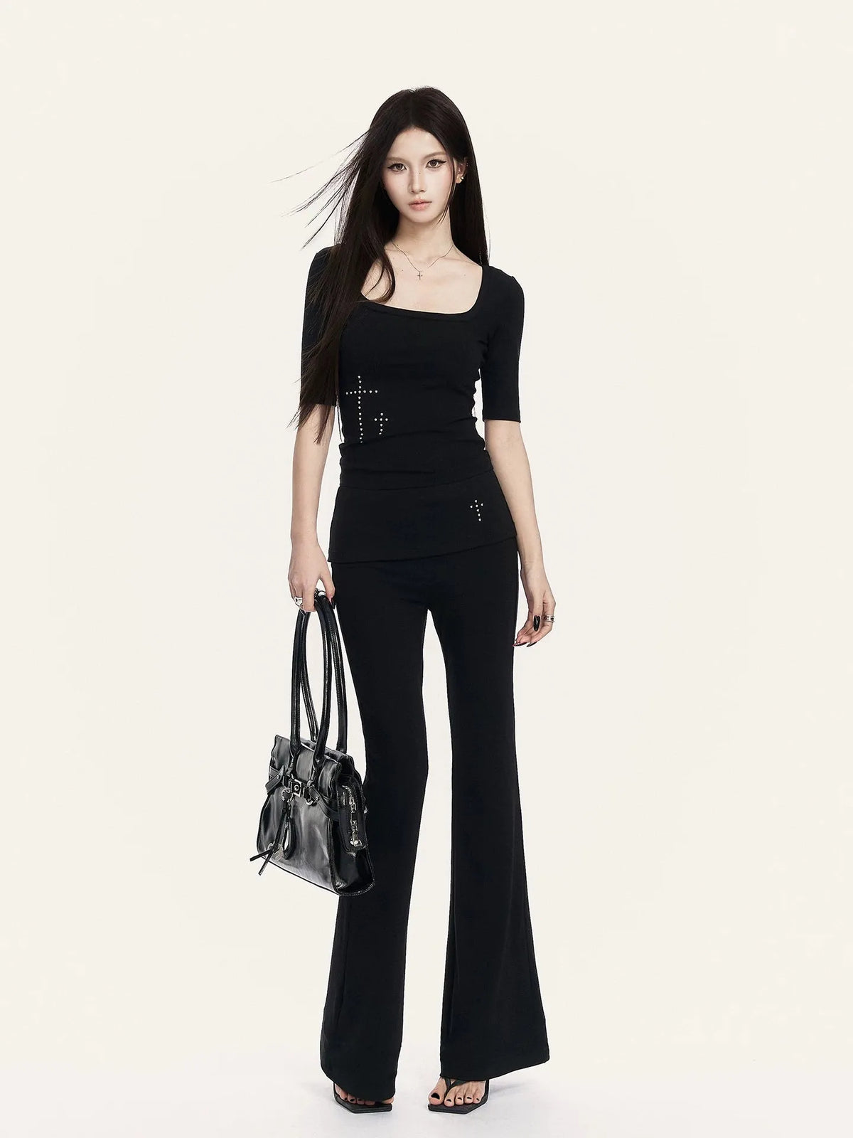 Square Neck Cropped Tee & Flare Pants Set