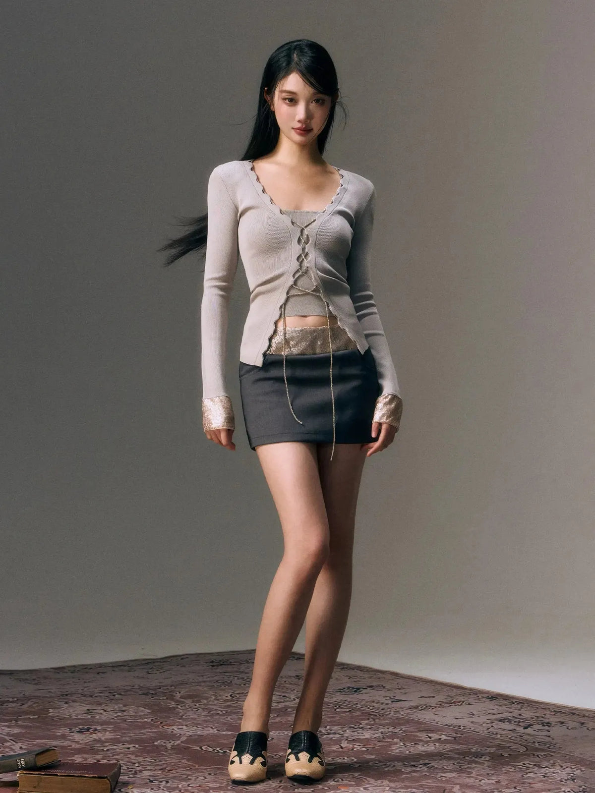 Gray Sequin Patchwork Mini Skirt
