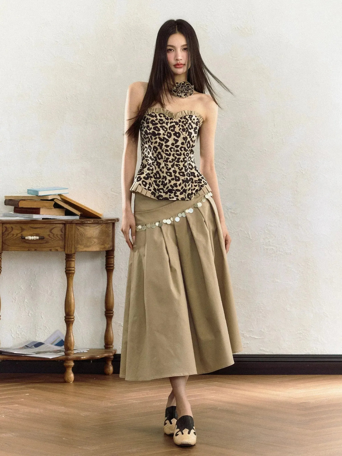Black Gold Leopard Print Wood Ear Tube Top Vest