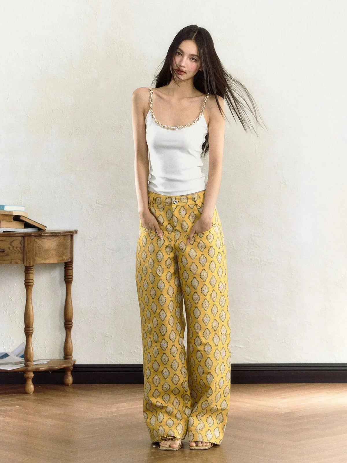 Yellow Embroidered Wide-Leg Pants