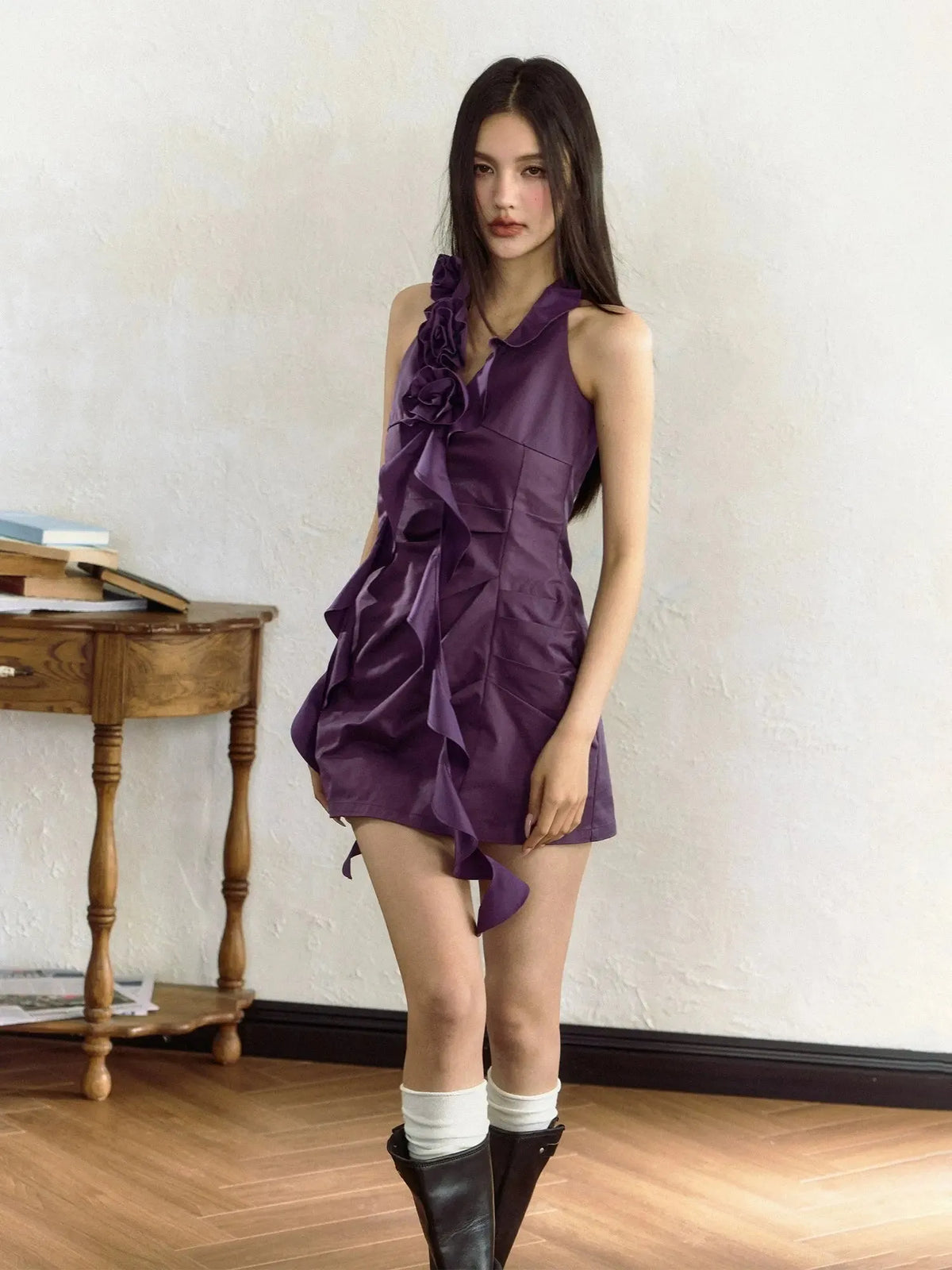 Purple Rose Ruffle Trim Sleeveless Dress