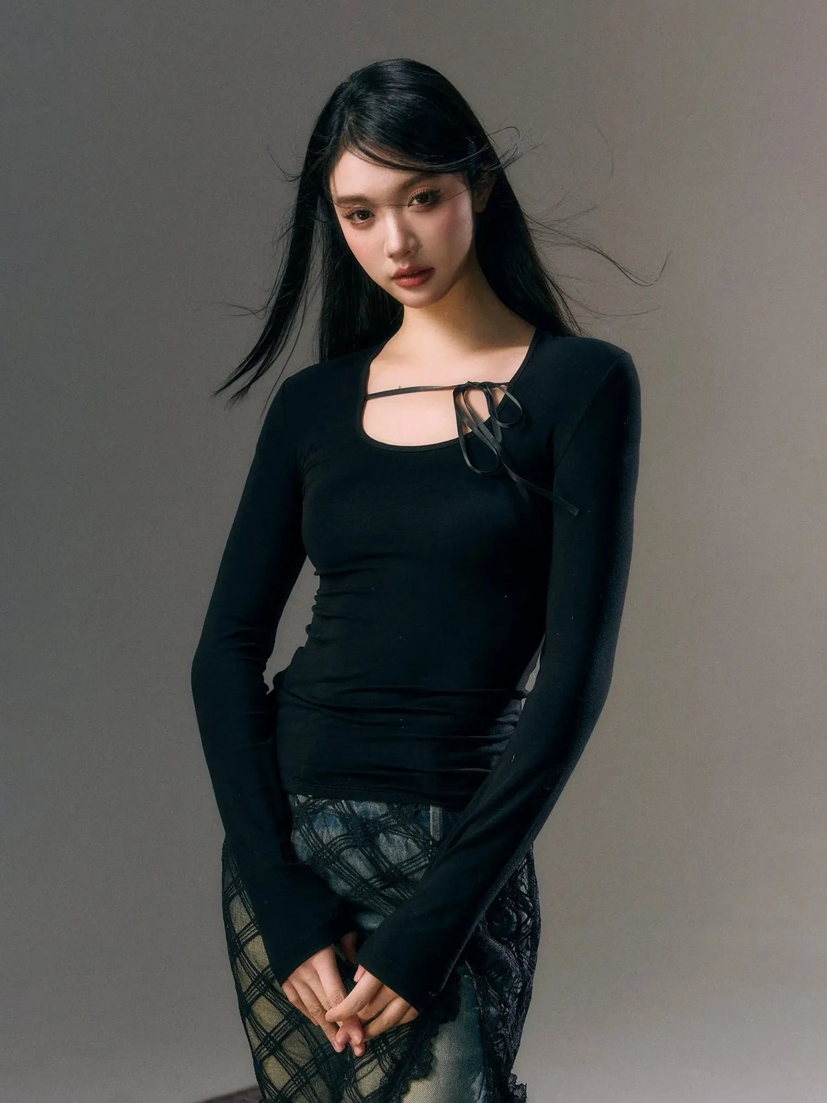 Mesh Lace Up Backless Blouse