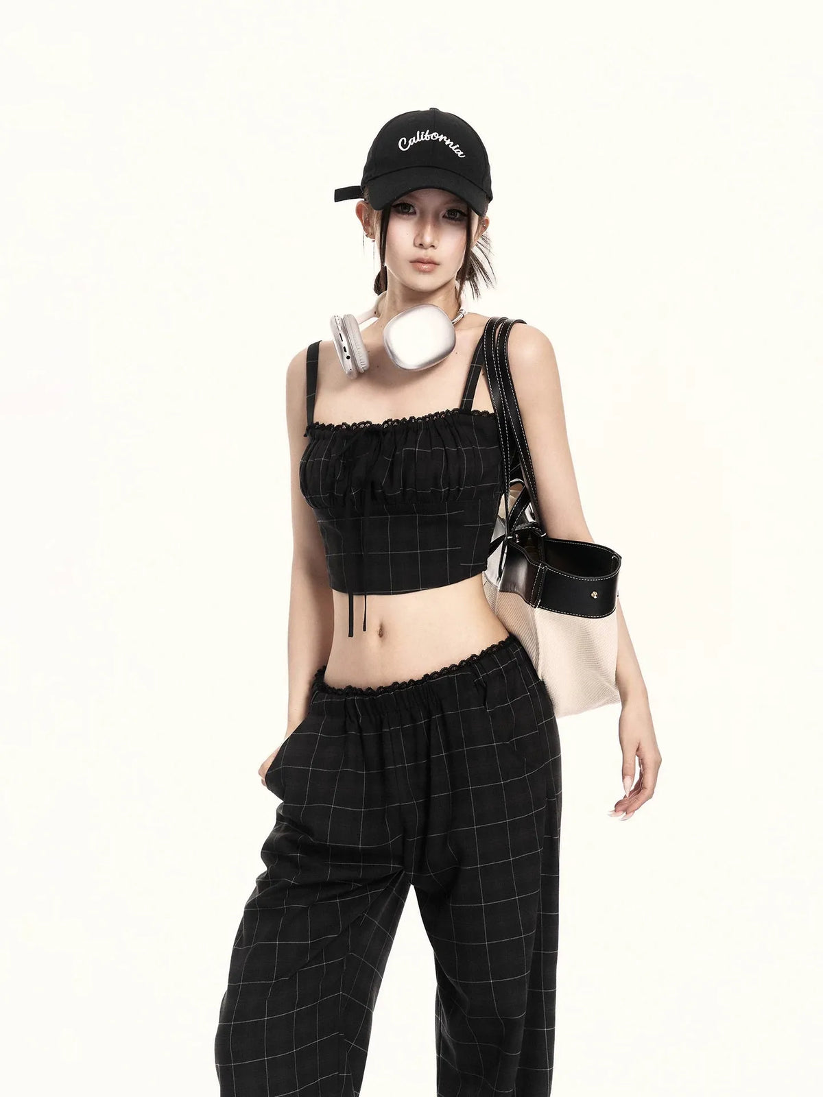 Refined Checkered Camisole & Relaxed Wide-Leg Trousers Set