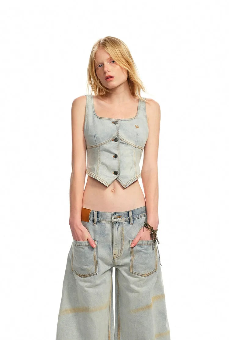 Washed Slightly Elastic Retro Vest
