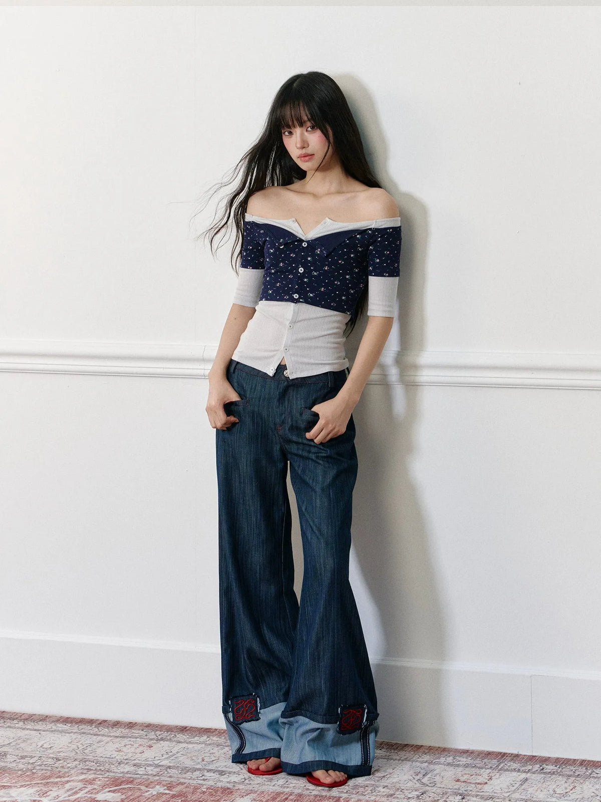 Applique Embroidered Cuffed Color - Block Jeans