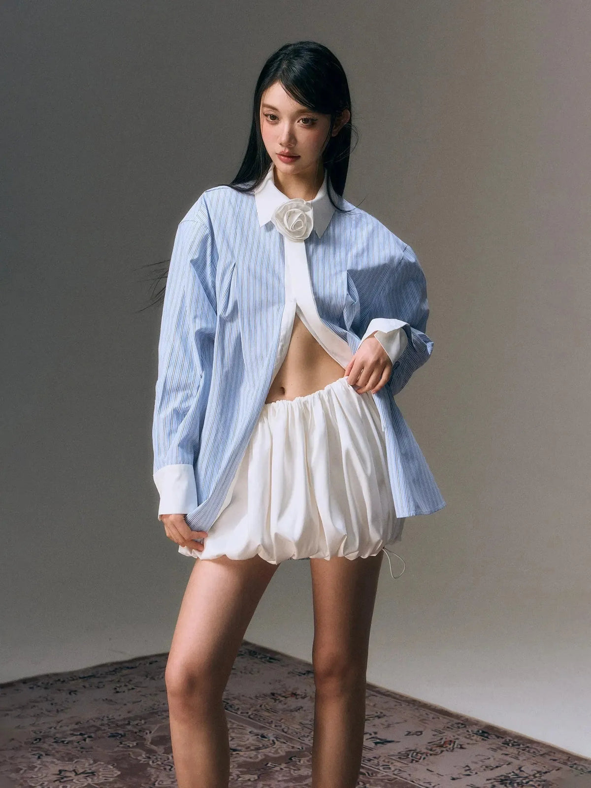 Blue Striped 3d Flower Decor Shirt & Skirt Set