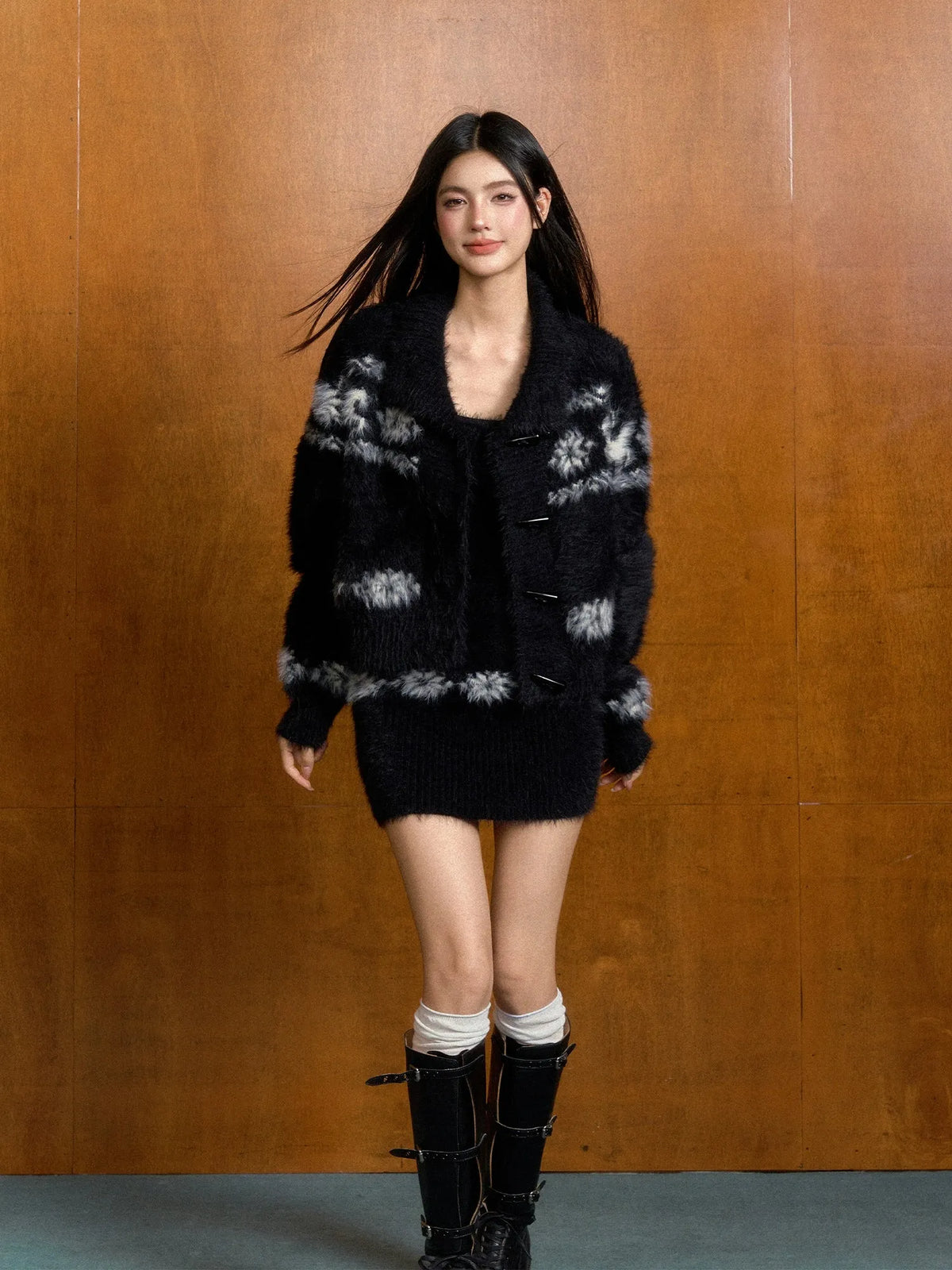 Fair Isle Faux Collar Knitted Cardigan & Dress Set