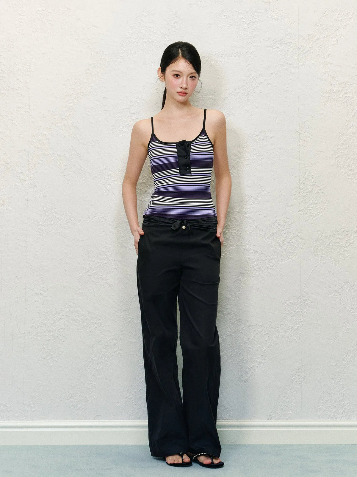 Satin Waist Bow Pearl Casual Pants