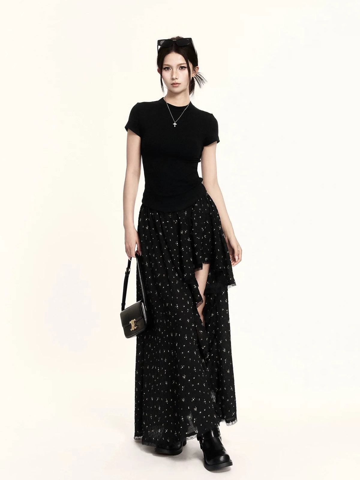 Asymmetric Ruffled Floral Midi Skirt