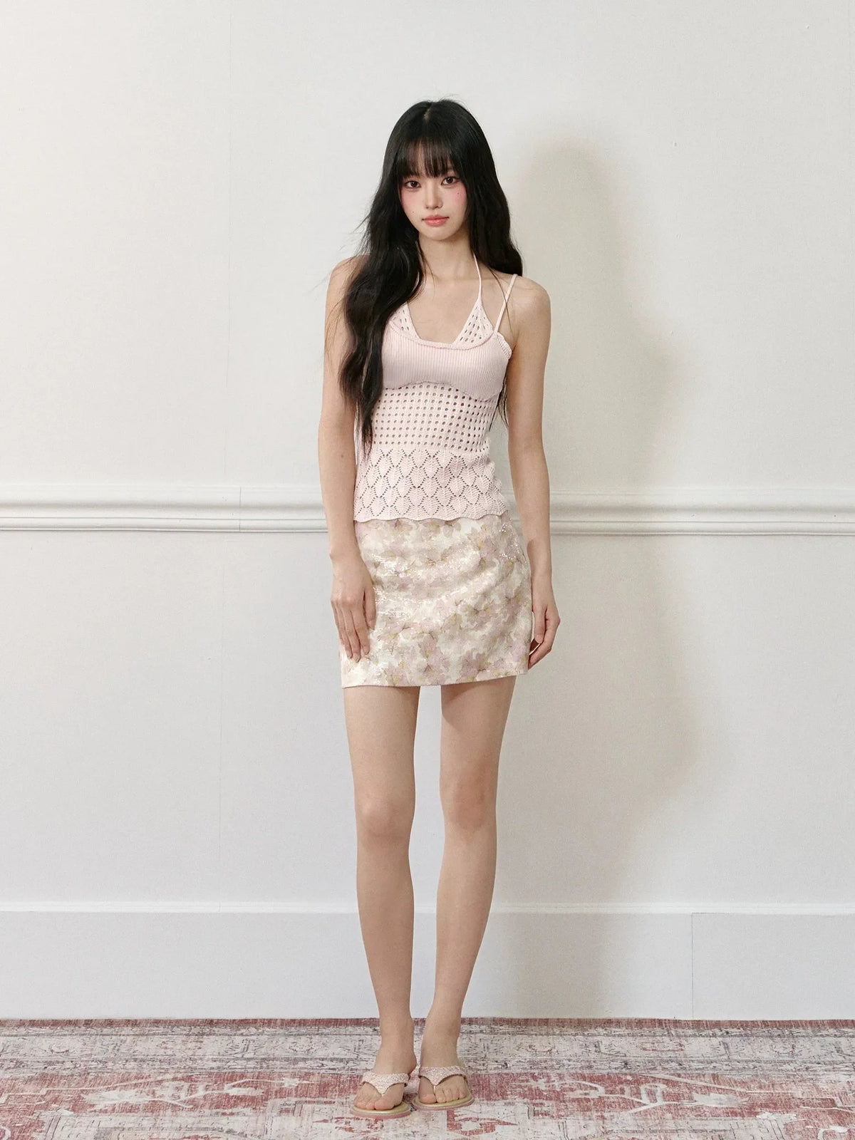 Beaded Flower Low-Waist Pencil Skirt