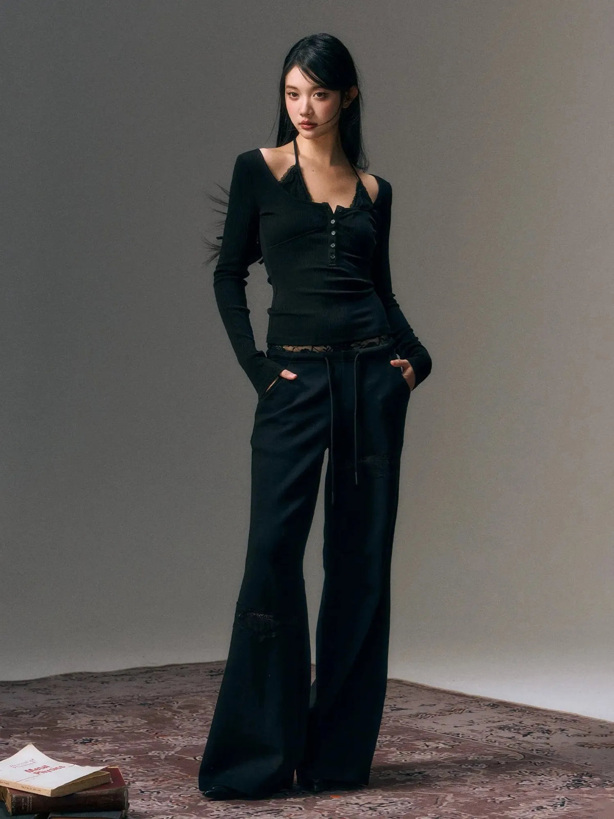 Black Patchowork Lace Drawstring Lounge Pants