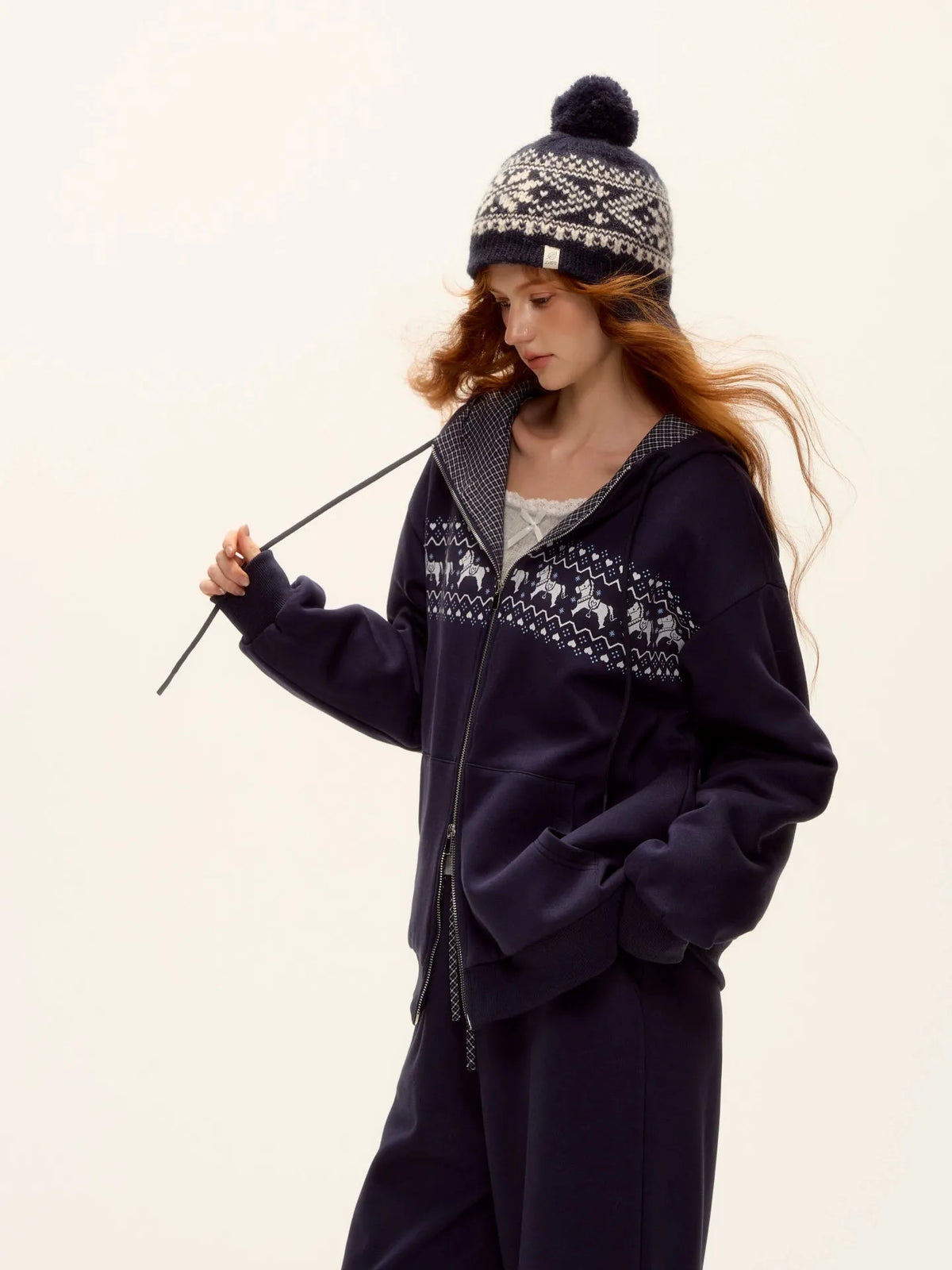 Zip-up Plaid Hoodie & Wide-Leg Pants Set