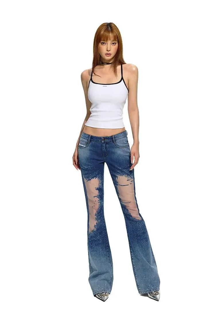 Blue Mesh Patchwork Low-Rise Flared Pants