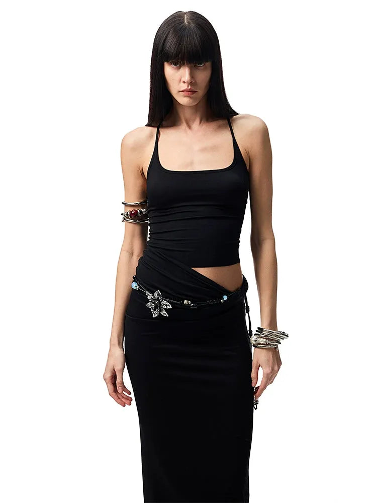 Large Round-Neck Knot Acetate Tank Top & Skirt Set