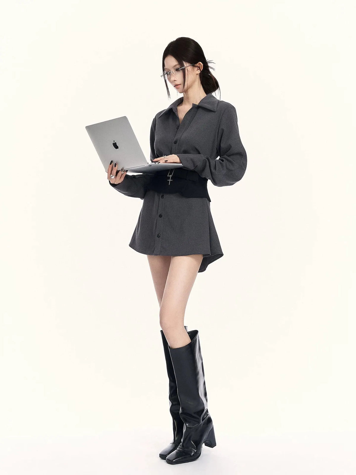 Corset-Waist Shirt Two-Piece Set