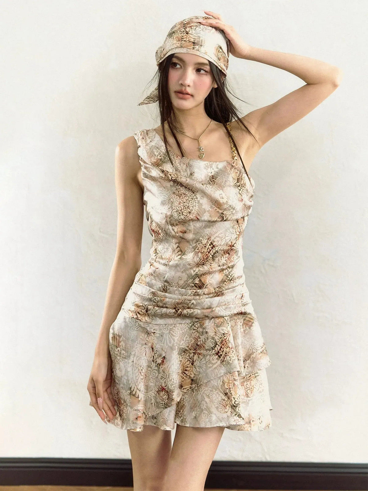 Beige Tie-Dye Off-Shoulder Dress