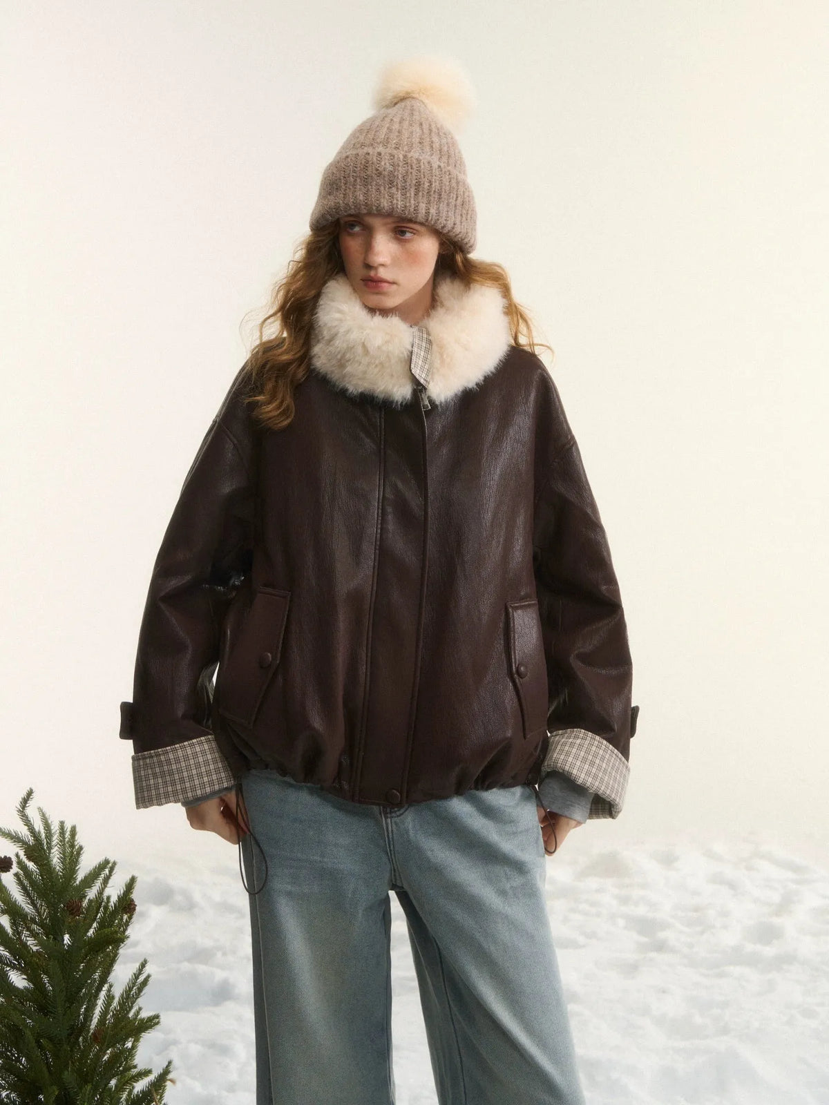Faux-Fur Collar Down Leather Jacket