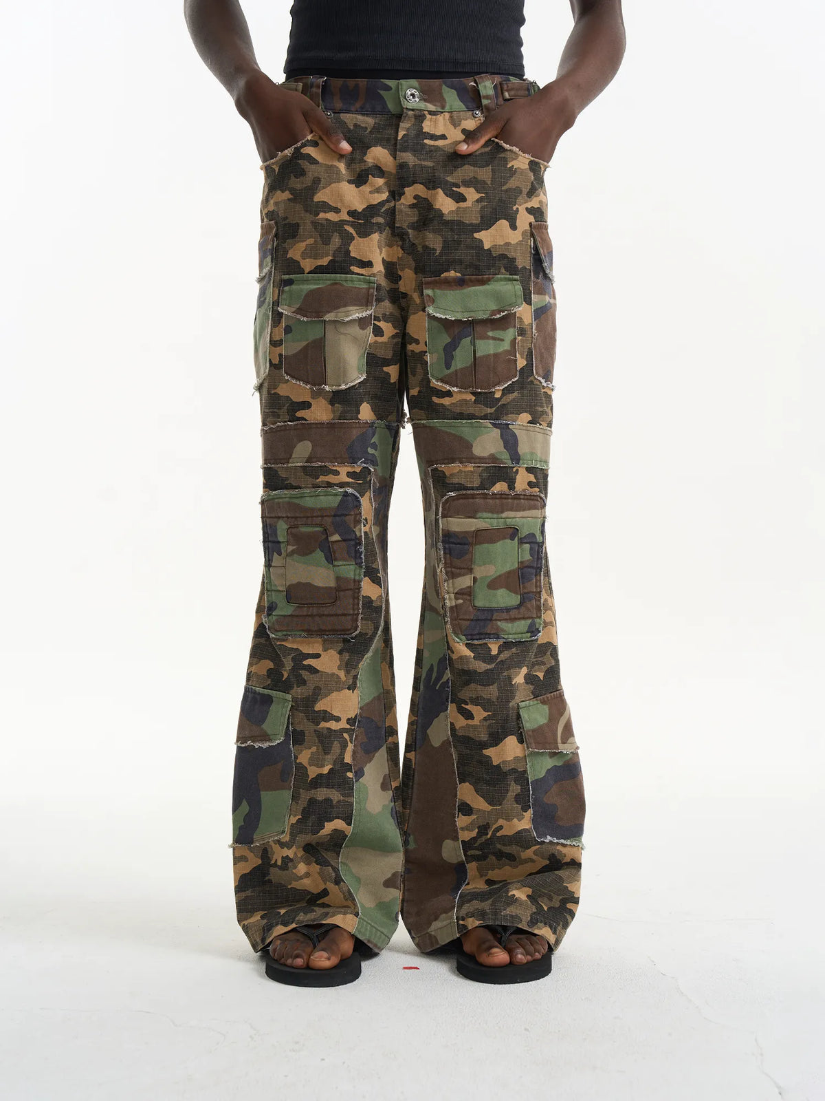 Washed Raw-Edge Patchwork Camouflage Flared Cargo Pants