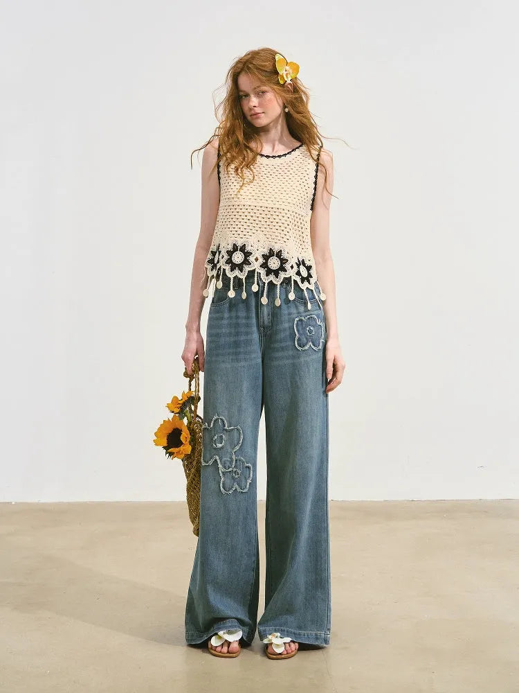 Raw-edge Flower-Patch Straight-leg Jeans