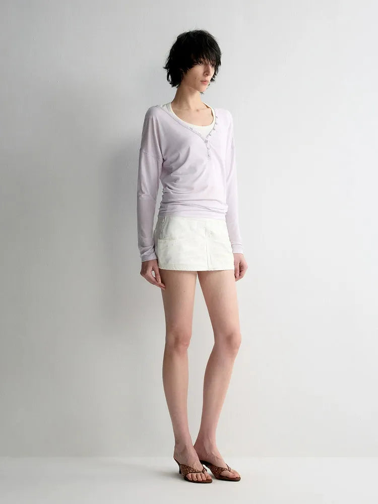 Tencel Linen V-neck Long Sleeve T-shirt