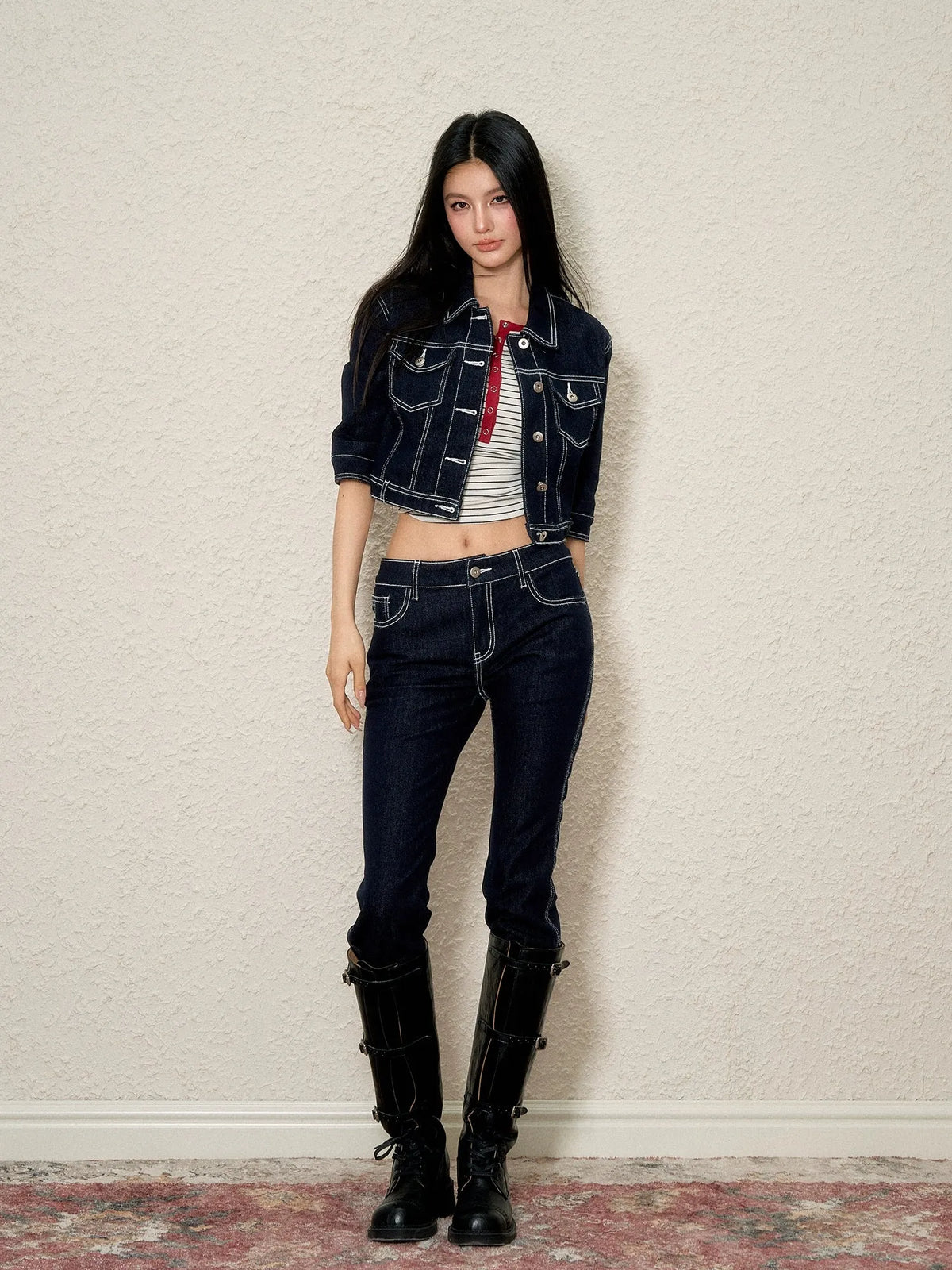 Color-Contrast Denim Jacket & Pants Set