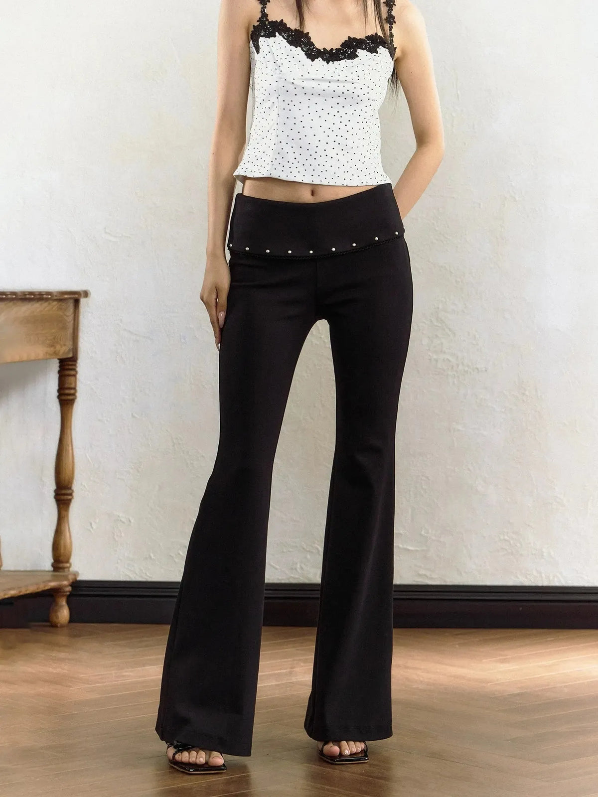 Black Nailed Low Waist Flared Pants