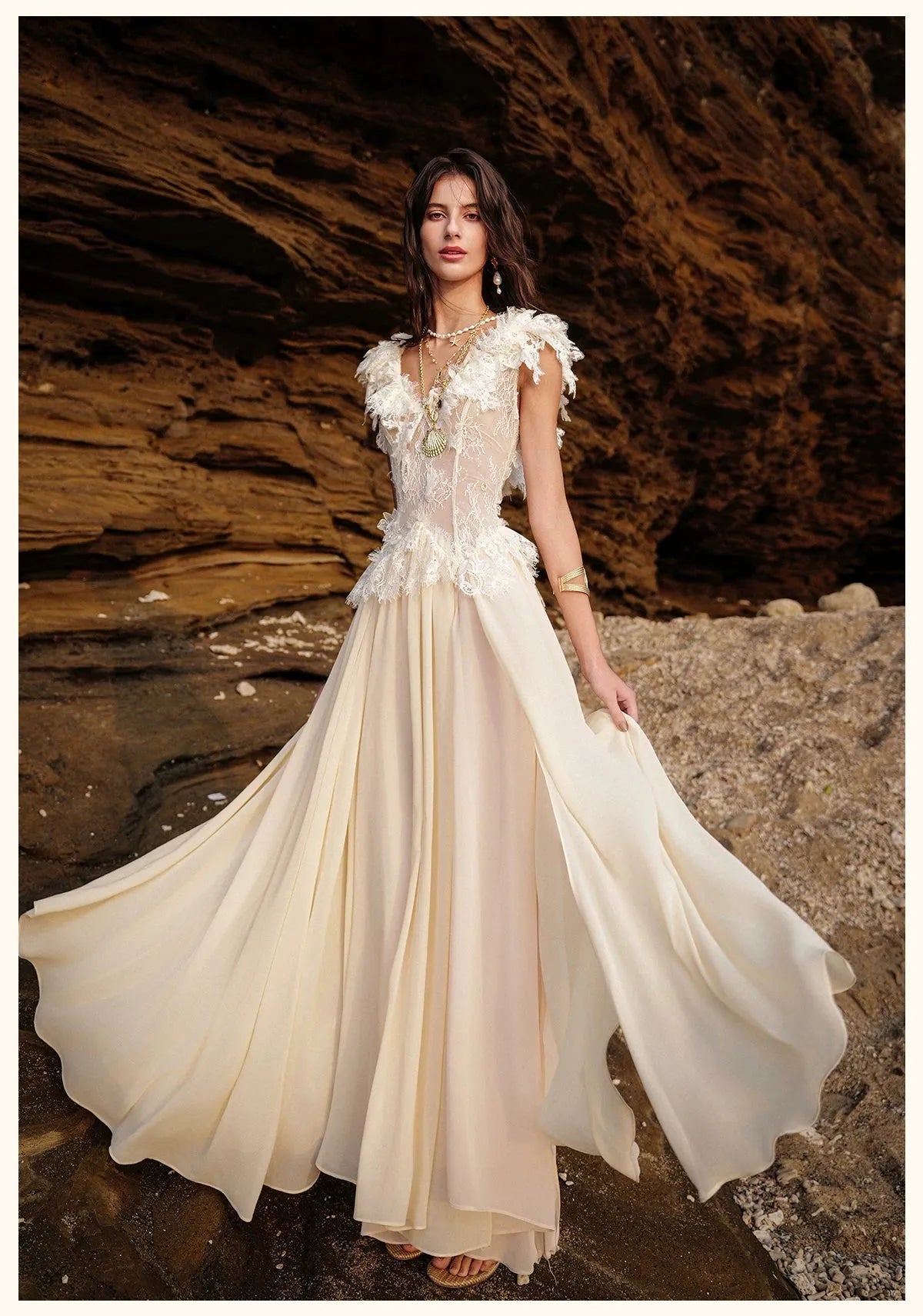 V-Neck Lace Panel High-Slit Maxi Dress