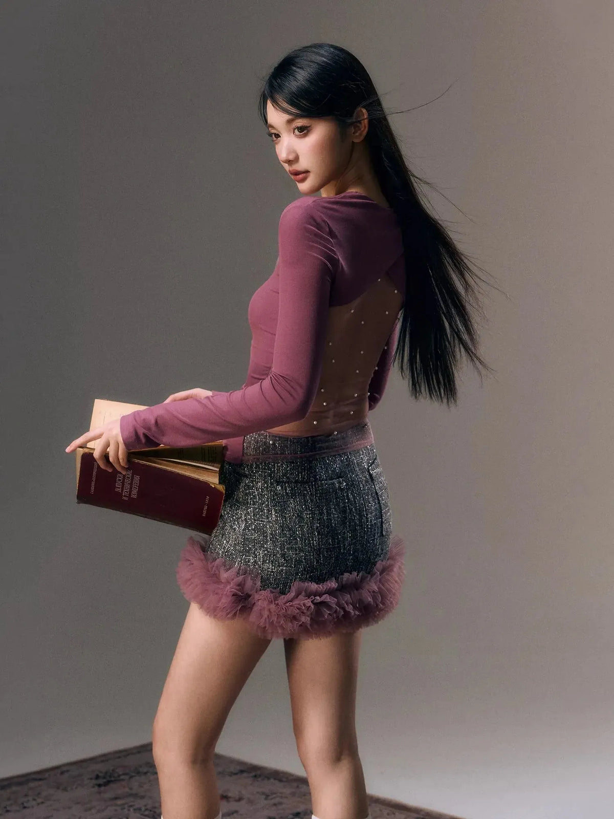 Gray Mesh Trim Tweed Mini Skirt