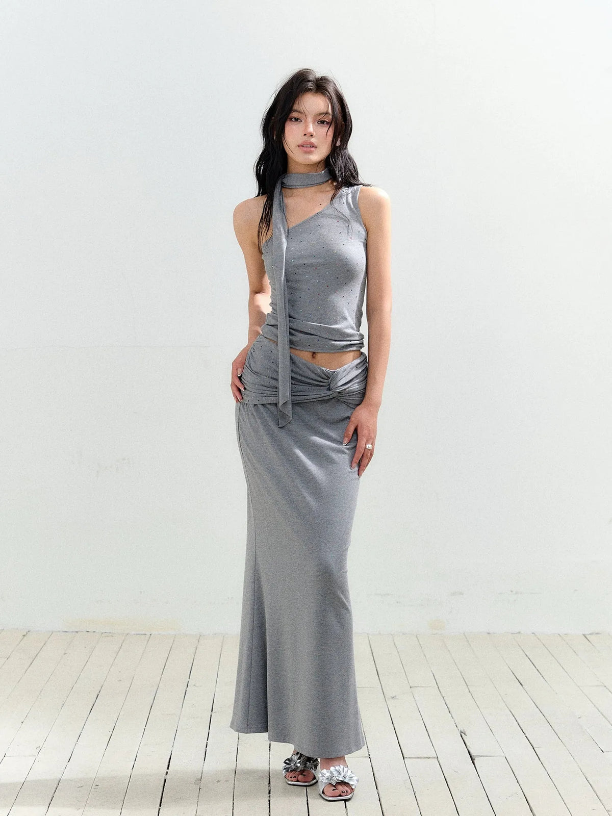 Rhinestone One-Shoulder Knit Vest & Skirt Set