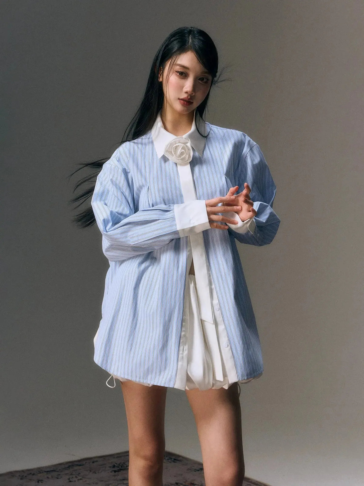 Blue Striped 3d Flower Decor Shirt & Skirt Set