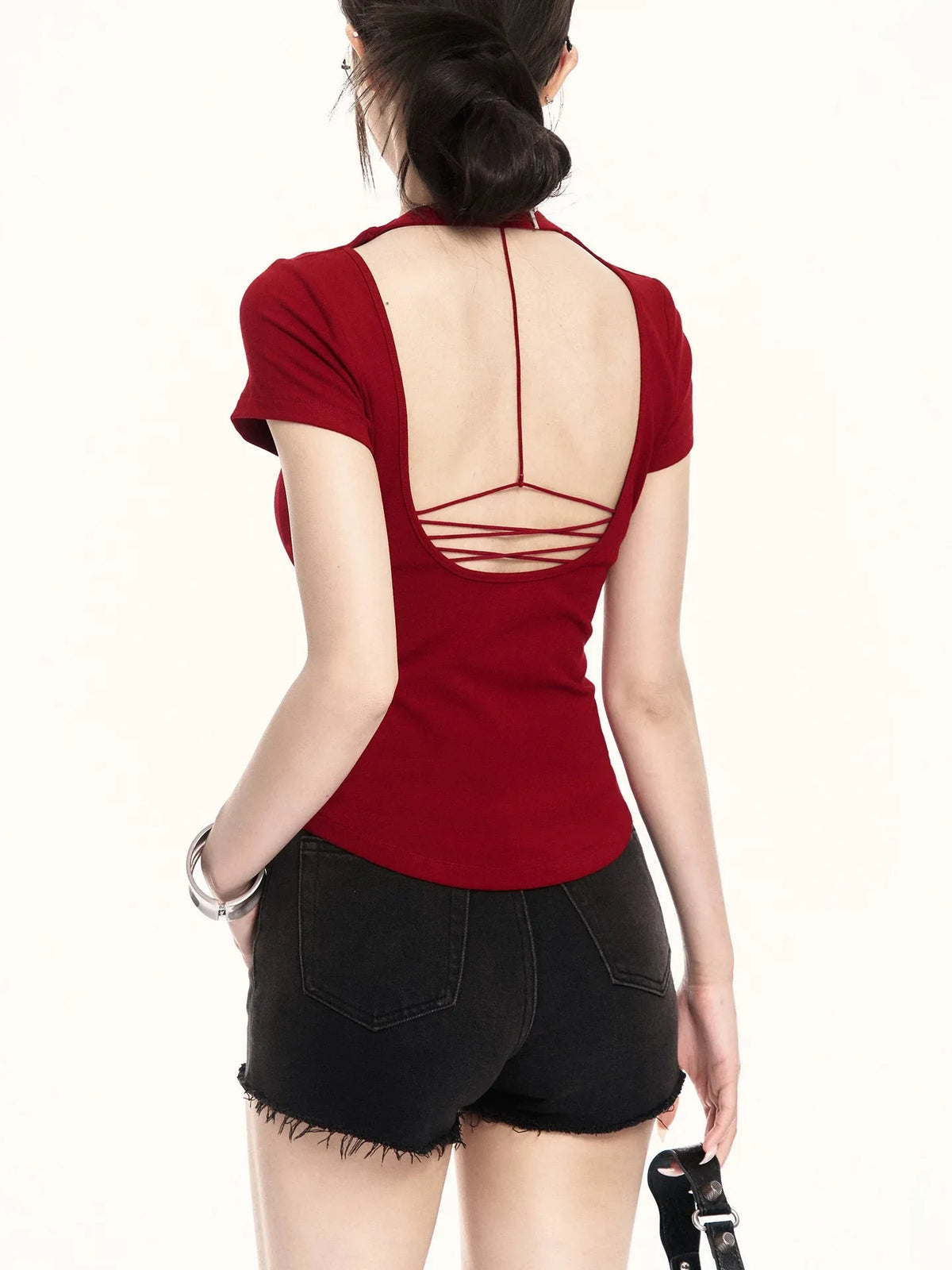 Backless Lace-Up Slim Fit Cropped T-Shirt