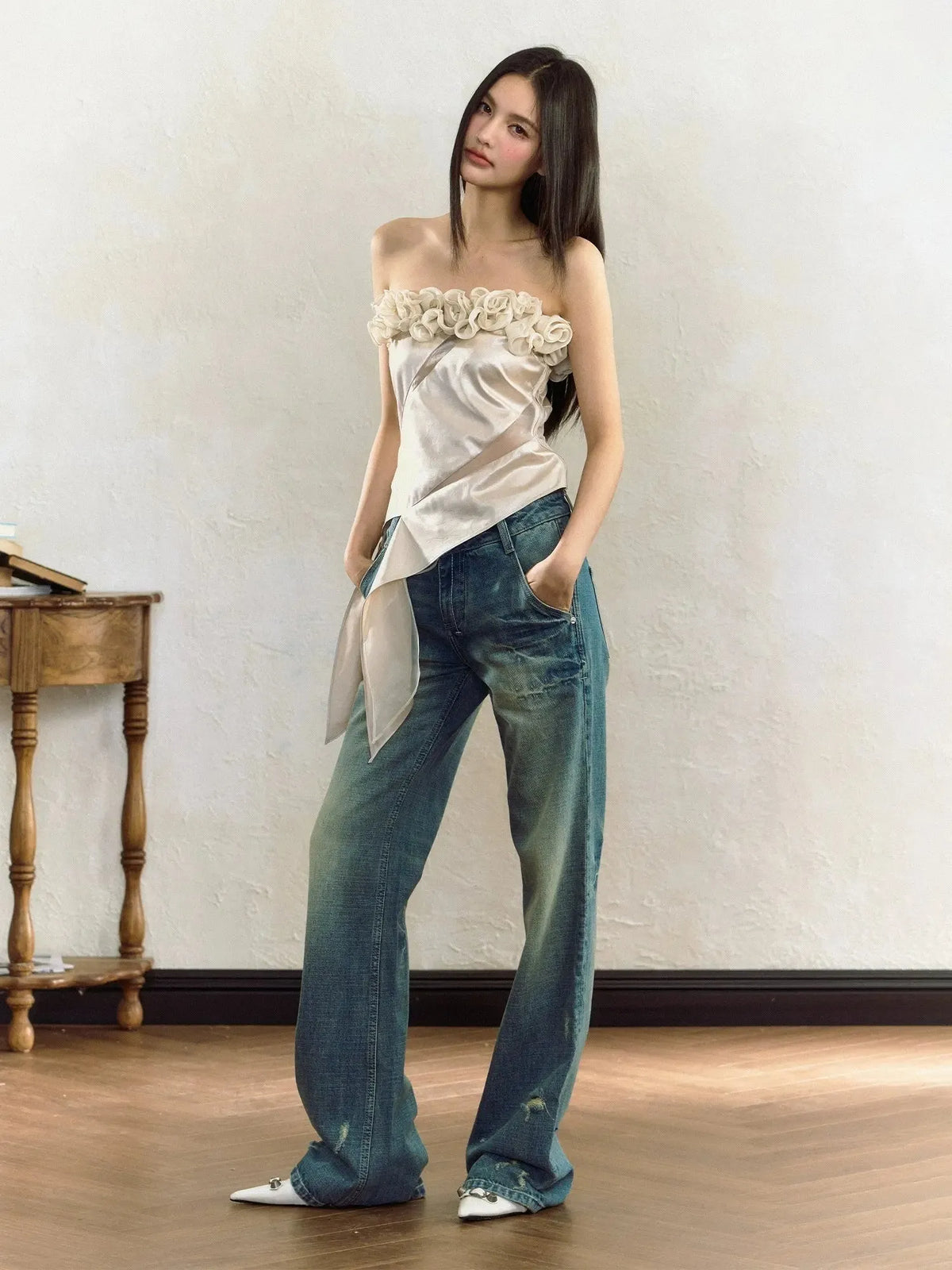 Blue Distressed Low-rise Wide-leg Jeans