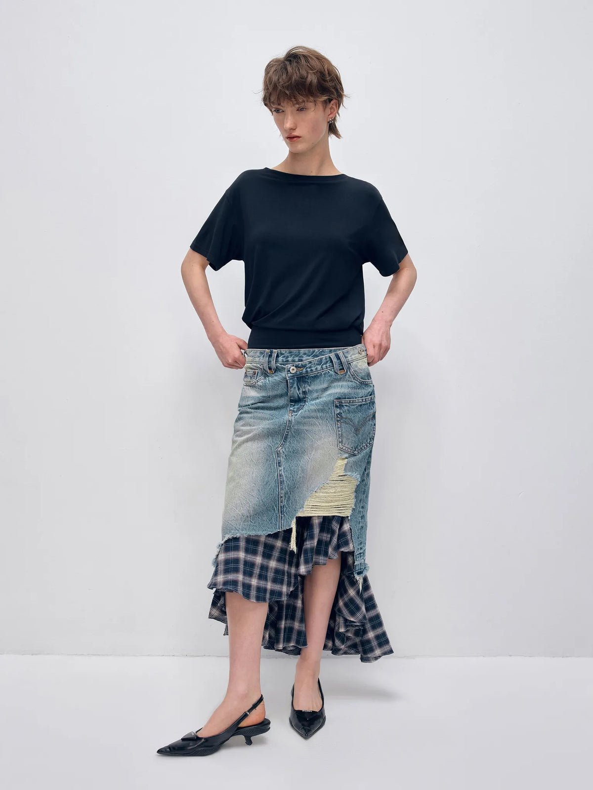 Irregular Denim Patchwork Plaid Fish Tail Skirt