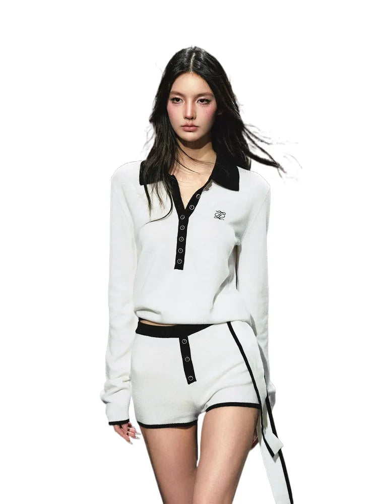 Ribbon Polo Tie-Up Sweater & Shorts Set