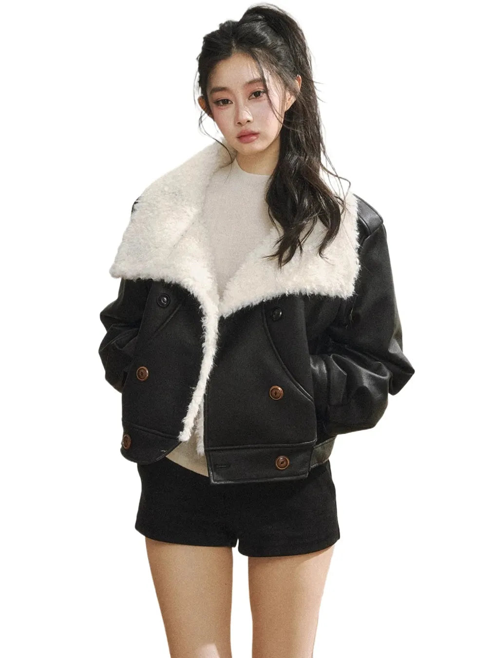 Black Faux Shearling Double-Breasted Leather Jacket