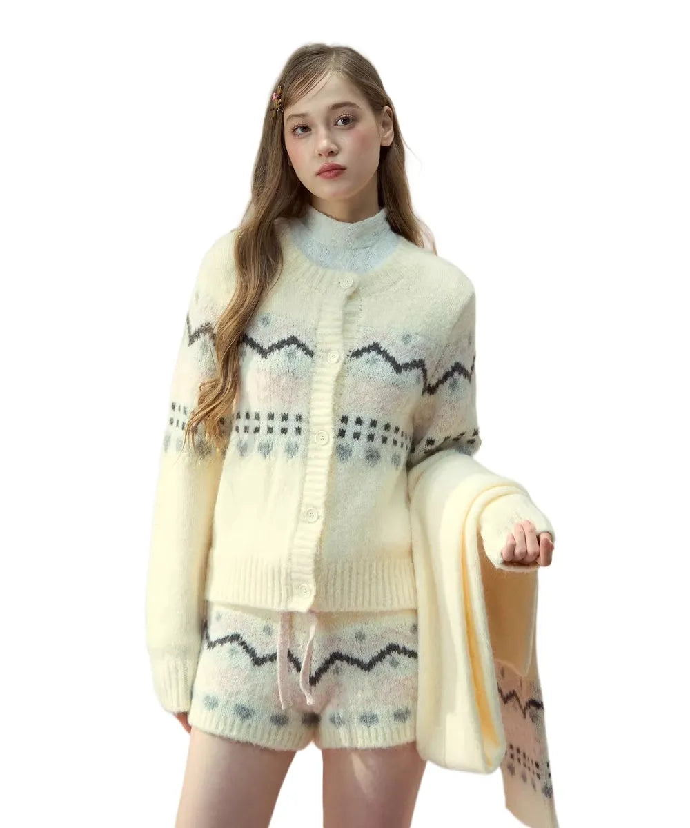 Fair Isle Knit Cardigan & Shorts & Scarf