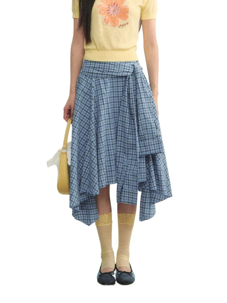 Blue Checkered Irregular Tie-Waist Skirt