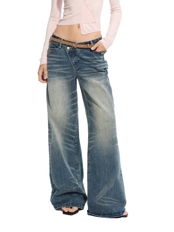 Washed Denim Low-waist Wide-leg Pants