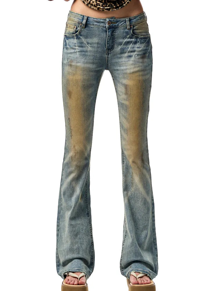 Washed Skinny Low-Rise Denim Flared Pants