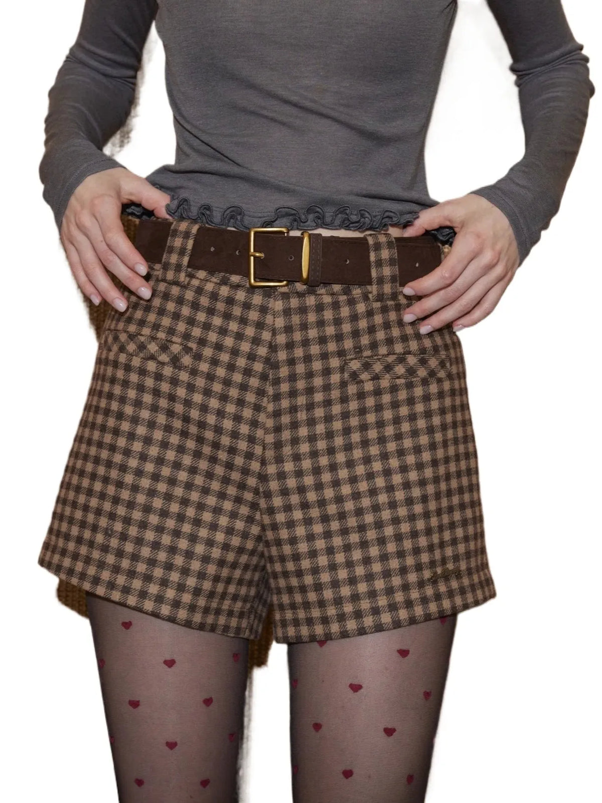 Plaid Suede Belted High-Waist A-Line Shorts
