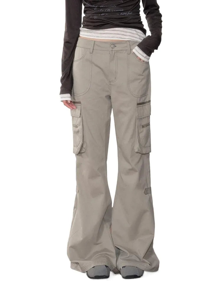 Gray-Green 3D Pockets Cargo Zipper Flare Pants