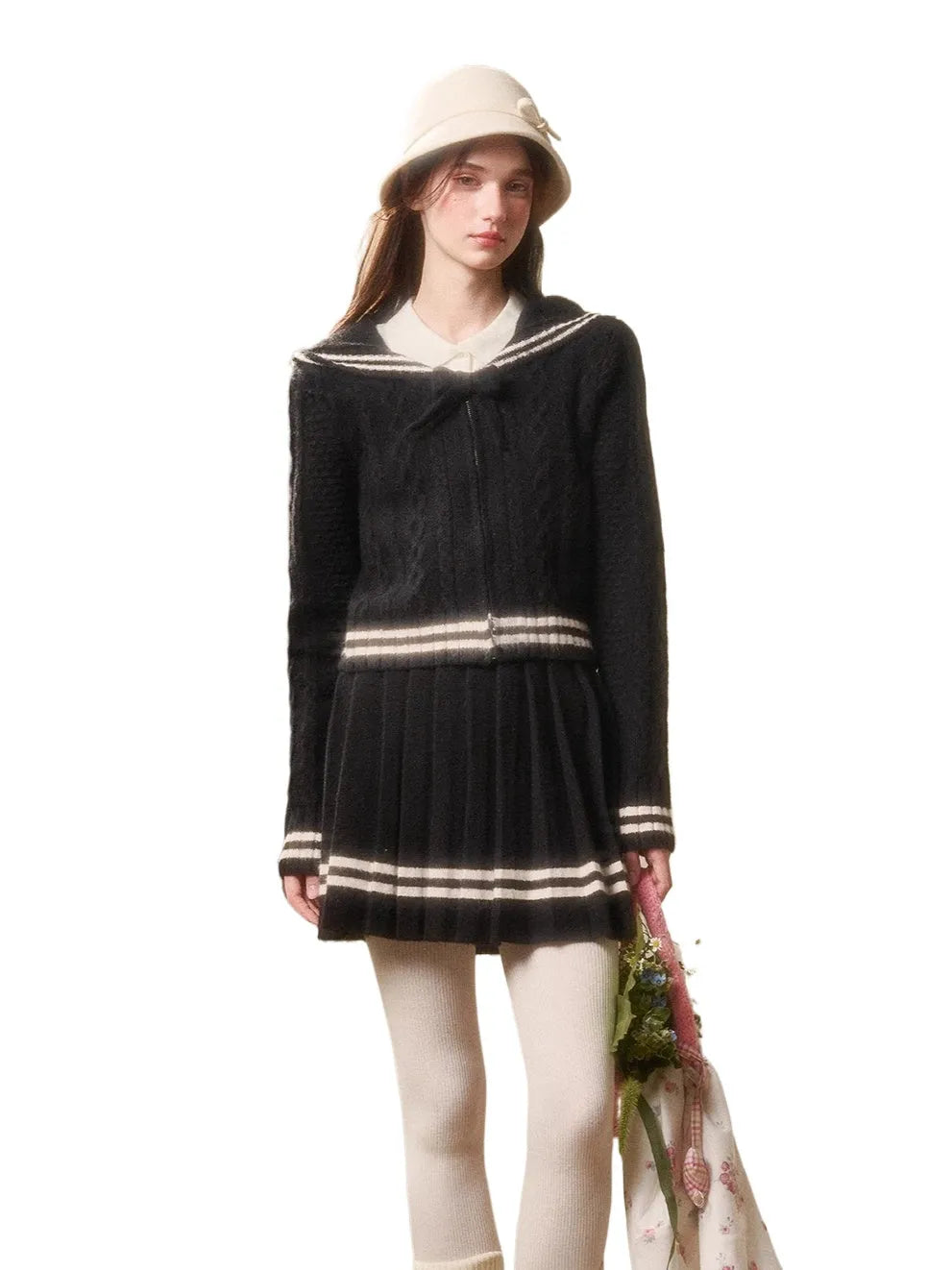 Memo Wool Cloud Knit Cardigan & Pleated Skirt Set