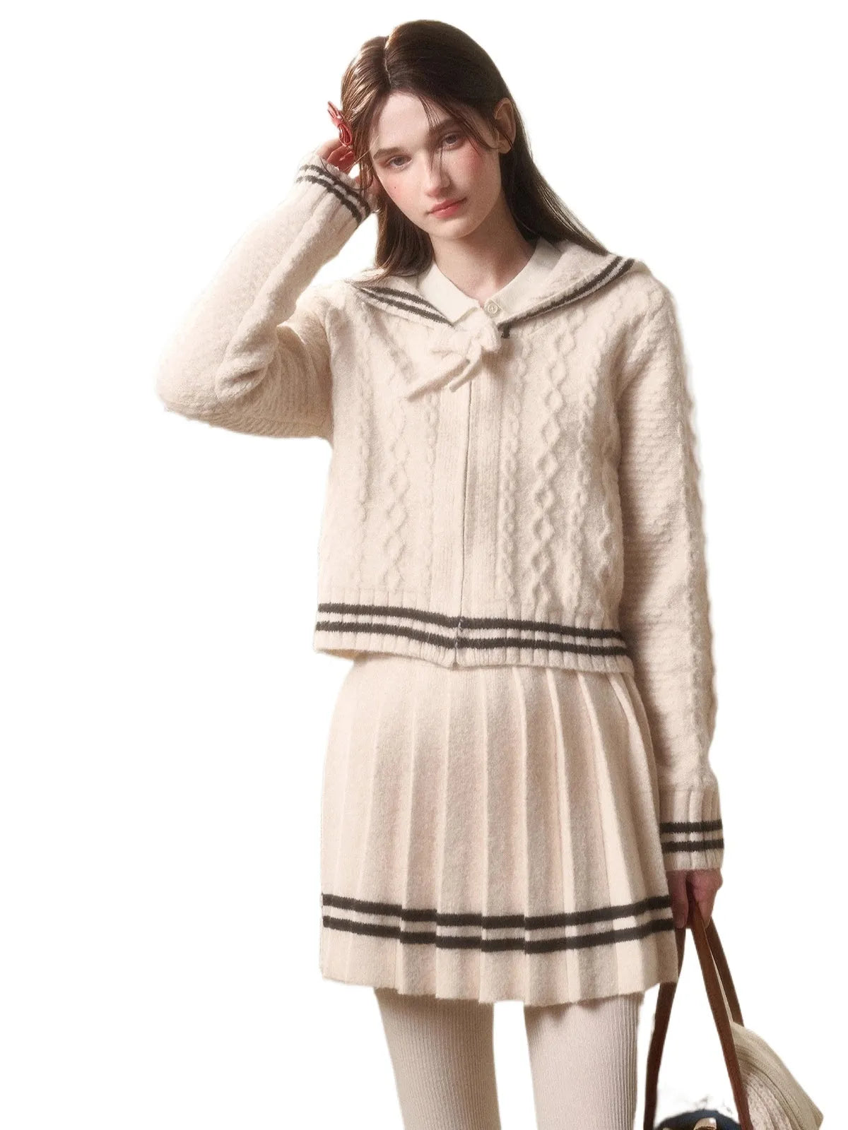 White Philosophy Wool Cloud Cable-Knit Cardigan & Pleated Skirt Set