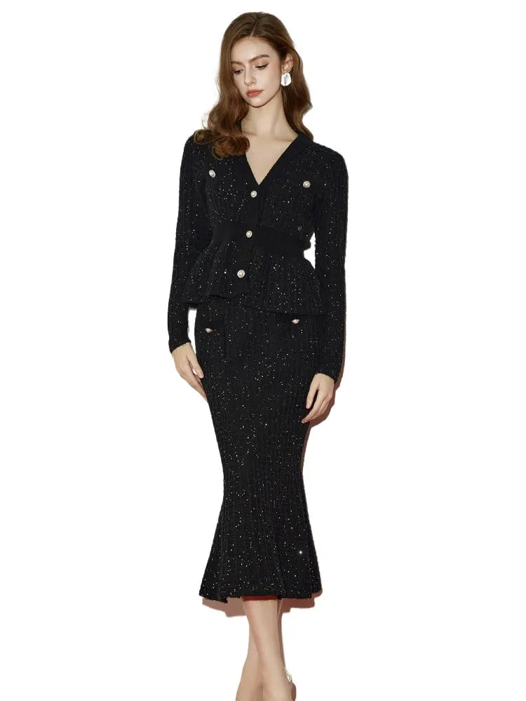 V-Neck Waist-Cinching Mermaid Cardigan & Skirt Set