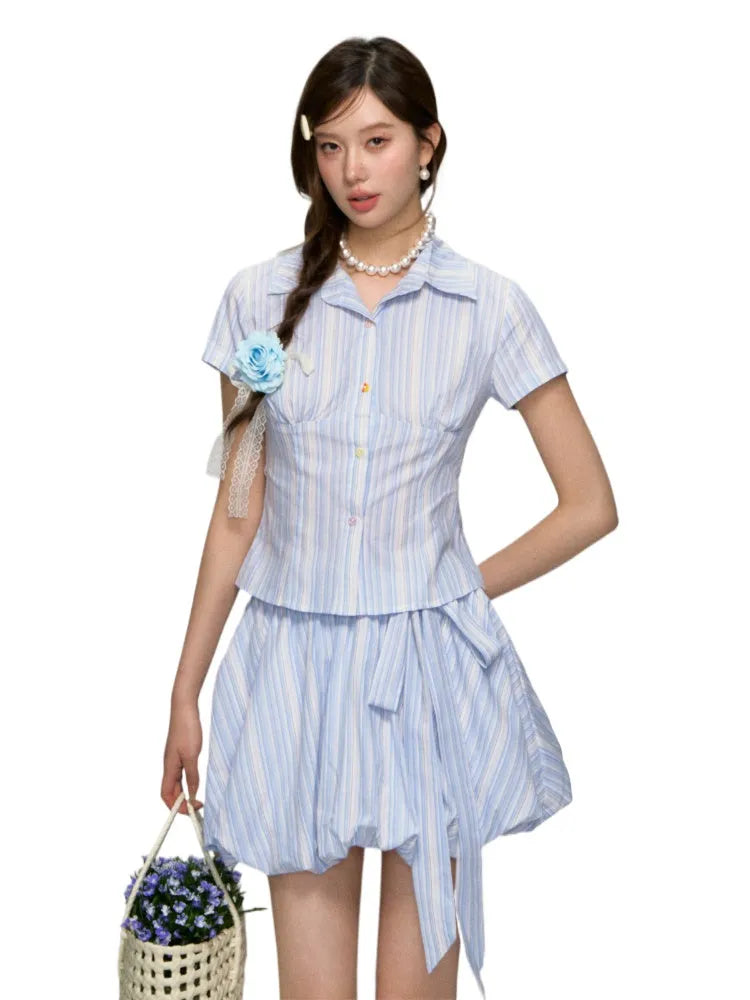 Colorful Buttons Striped College - Style Shirt & Skirt Set