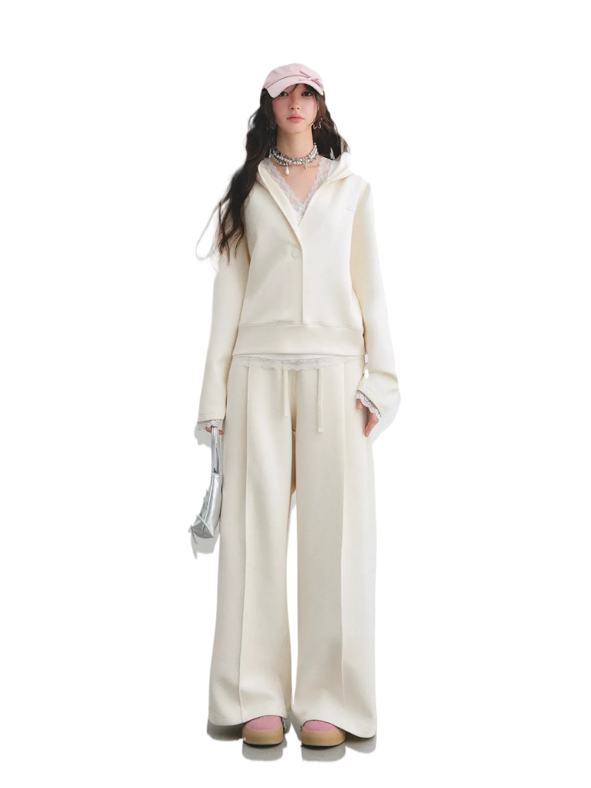 Lace Panel V-Neck Tank & Hoodie Wide-Leg Sweatpants Three-Piece Set