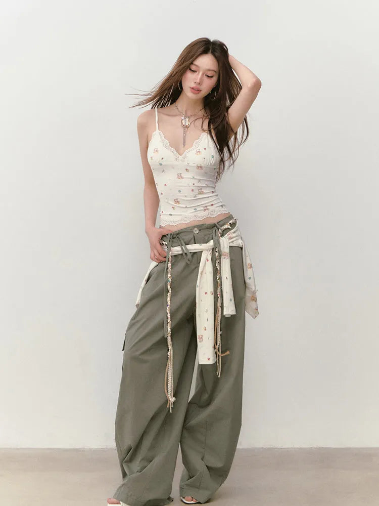 Wide-Leg Beaded Cargo Large Pockets Pants