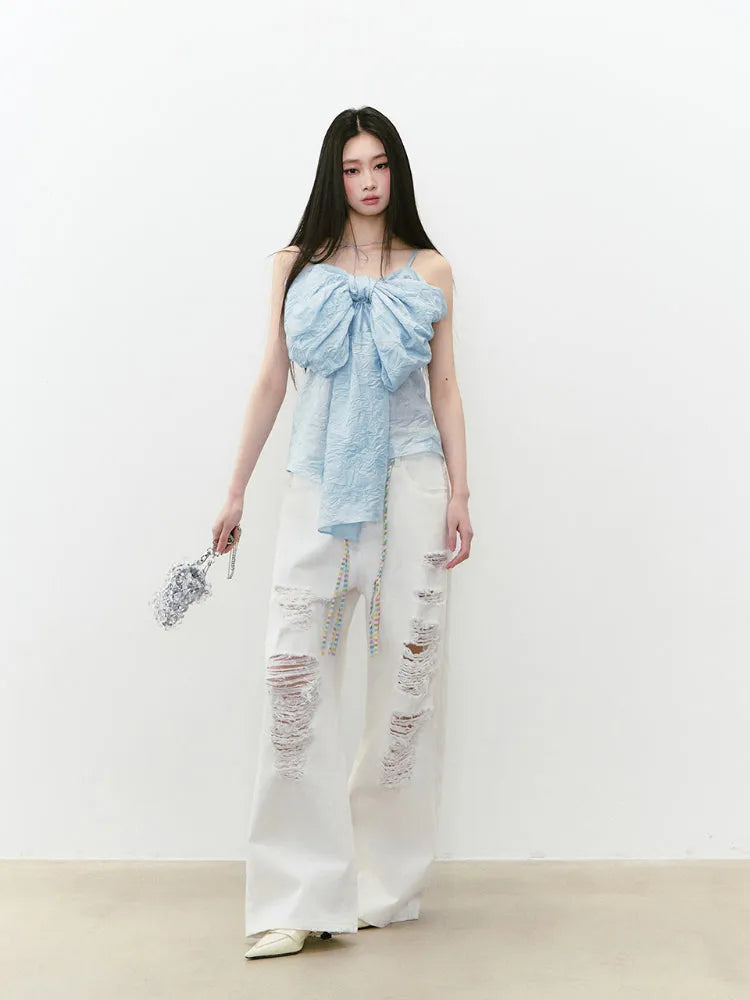 White Rhinestones Ripped Jeans